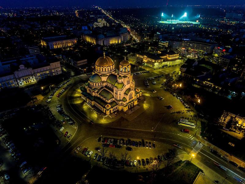Aerial night view of Alexander Nevsky Cathedral in central Sofia